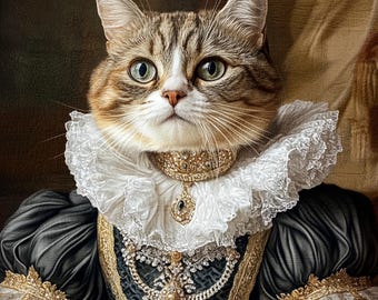 May include: A tabby cat wearing a black and gold dress with a white lace collar and a gold necklace. The cat has a serious expression and is looking directly at the viewer.