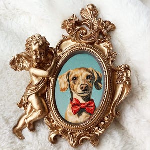 100% handgemachtes Acrylhaustierporträt, Hundeporträt, Katzenporträt, kundenspezifischer goldener Weinleserahmen, Haustier-Denkmal, Mini Kunst, handgemaltes Haustierporträt
