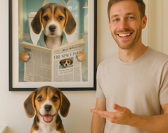 Foto de retrato de mascota personalizada, arte divertido para el baño, perro leyendo el periódico en el inodoro, arte de pared para perros, perro en el inodoro, mascota en la bañera, regalo personalizado para mascotas