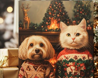 Puede incluir: Una ilustración navideña de un perro y un gato con suéteres. El perro es un perro pequeño, de color marrón claro y esponjoso con un suéter rojo y marrón. El gato es blanco con ojos verdes y lleva un suéter rojo con un patrón verde, blanco y rojo. El fondo es una chimenea con fuego encendido y un árbol de Navidad.