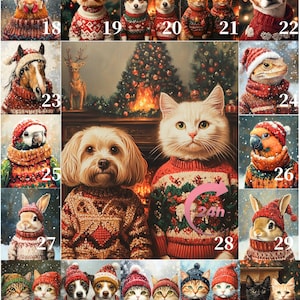 Retrato de mascota de Navidad, retrato de mascota real personalizado, regalo de Navidad para mascotas, retrato de mascota exótica, regalo de Navidad, retrato de gato real, regalo familiar