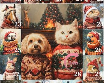 May include: A digital illustration of a Christmas scene with various animals wearing festive sweaters. The animals include a cat, dog, rabbit, parrot, horse, and a lizard. The scene is set in front of a fireplace with a Christmas tree and presents.