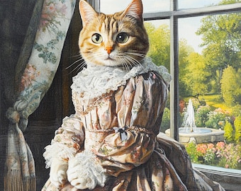 May include: A tabby cat wearing a floral dress with a lace collar and a bow. The cat is sitting by a window looking out at a garden with a fountain.
