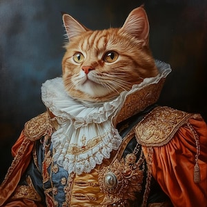 May include: A ginger cat wearing a white lace collar and a gold and red royal costume. The cat has a serious expression and is looking to the left.