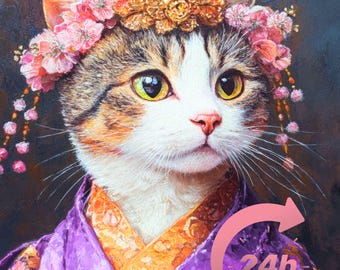 Geisha Cat Portrait from Photo, Japanese Style Pet Portrait, Pet Memorial Gift, Animal Painting, Royal Pet Painting, Samurai Dog, Pet Kimono