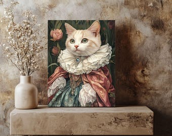 May include: A white cat with orange markings is dressed in a pink and blue gown with a white lace collar. The cat is wearing a jeweled necklace and has green eyes. The background is a green and brown floral pattern.