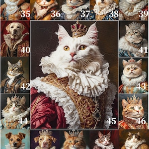 Pu&ograve; includere: Un collage di 16 immagini con gatti e cani vestiti con abiti reali. Ogni immagine &egrave; incorniciata con un bordo dorato e numerata. L'immagine centrale presenta un gatto bianco con una tunica rossa e dorata con una corona.