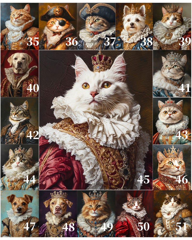 Pu&ograve; includere: Un collage di 16 immagini con gatti e cani vestiti con abiti reali. Ogni immagine &egrave; incorniciata con un bordo dorato e numerata. L'immagine centrale presenta un gatto bianco con una tunica rossa e dorata con una corona.
