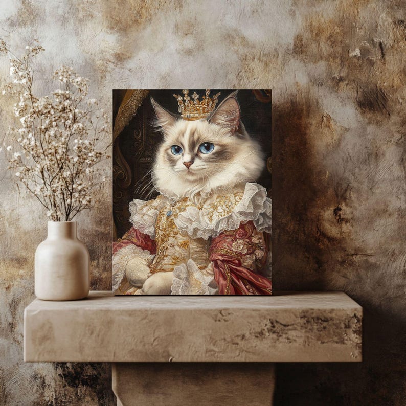May include: A white and brown cat wearing a gold crown and a red and gold robe sits on a throne. The cat has blue eyes and a serious expression.