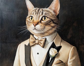 Op de afbeelding: Een tabbykat die een beige smoking draagt met een bruine strik en een witte bloem boutonnière. De kat heeft een serieuze uitdrukking en kijkt naar links.