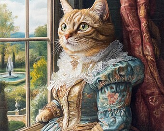 May include: A ginger cat dressed in a blue and gold dress with a white lace collar and cuffs. The cat is looking out a window at a garden with a fountain.