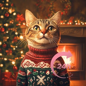Christmas Cat Portrait, Christmas Animal Painting, Cat Christmas Gift, Exotic Pet Portrait, Christmas Gift, Royal Pet Portrait, Family Gift
