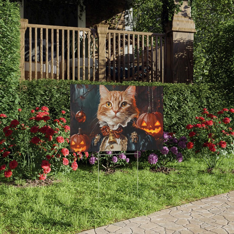 May include: A Halloween-themed yard sign featuring a cartoon orange cat wearing a blue and gold costume with a bell around its neck. The cat is surrounded by jack-o'-lantern pumpkins.