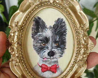 100% Handmade Acrylic Pet Portrait,Dog Portrait,Cat Portrait,Custom Golden Vintage Frame,Pet Memorial,Mini Art,Hand Painted Pet Portrait