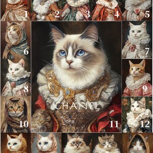 May include: A collage of 17 images featuring cats dressed in various royal and elegant attire. Each cat is depicted in a different pose and setting, with intricate details and vibrant colors. The central image features a cat wearing a gold and red robe with the word "CHANEL" inscribed on the chest.