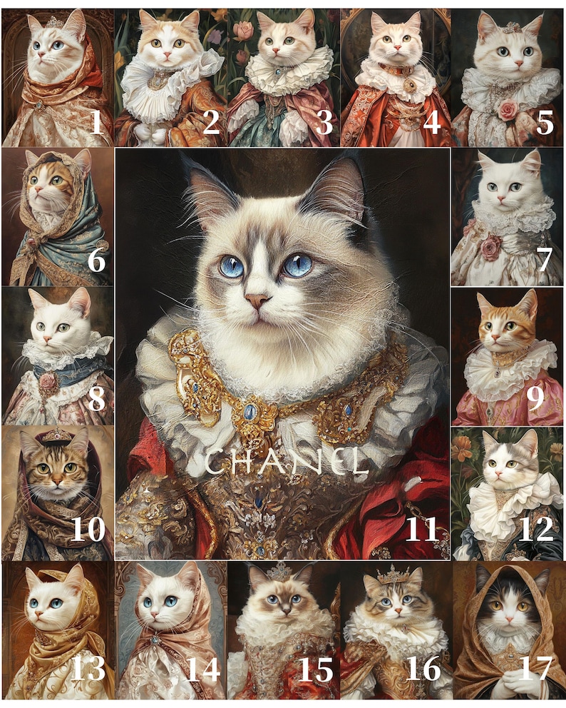 May include: A collage of 17 images featuring cats dressed in various royal and elegant attire. Each cat is depicted in a different pose and setting, with intricate details and vibrant colors. The central image features a cat wearing a gold and red robe with the word "CHANEL" inscribed on the chest.