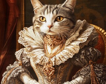 May include: A tabby cat dressed in a white and gold lace gown with a large, ruffled collar. The cat is sitting in a chair with a gold and brown patterned fabric.