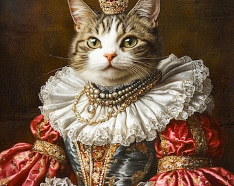 Custom Royal Cat Portrait, Renaissance Cat Portrait from Photo, Pet Portrait gift, Regal Pet with Crown, Wall Art, Pet Memorial Gift