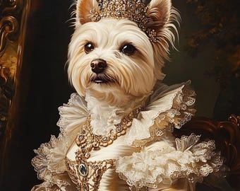 Ritratto personalizzato di cane regina, ritratto di animale domestico rinascimentale, regalo per amanti degli animali, ritratto di animale domestico reale, regalo ritratto di animale domestico, ritratti di cani su tela, design di animali domestici
