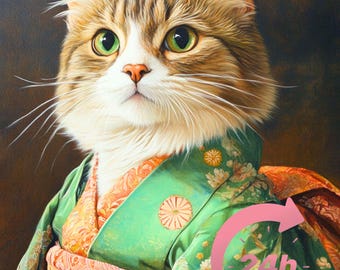 Geisha Cat Portrait from Photo, Japanese Style Pet Portrait, Pet Memorial Gift, Animal Painting, Royal Pet Painting, Samurai Dog, Pet Kimono