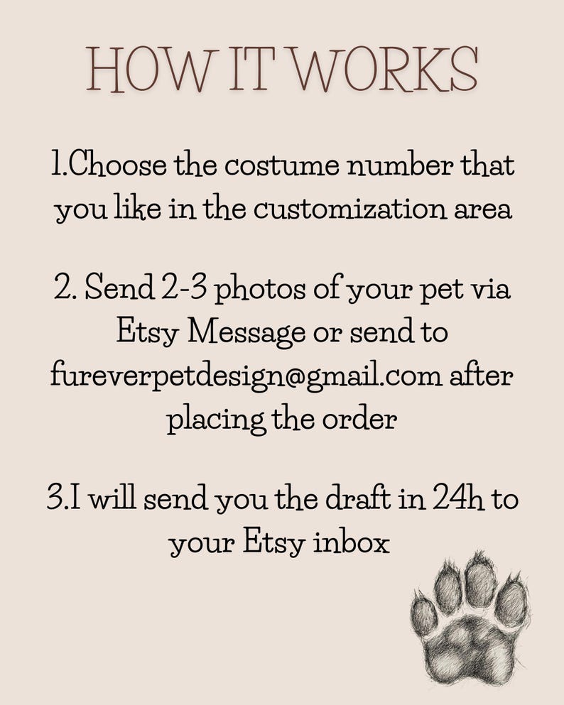 May include: How it works: Choose a costume number, send 2-3 photos of your pet via Etsy message or email, and receive a draft within 24 hours.  A paw print graphic is in the bottom right corner.