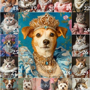 Pu&ograve; includere: Un collage di 34 immagini che mostrano vari animali domestici vestiti con abiti reali. Ogni animale indossa una corona e un abito lussuoso, alcuni tengono scettri o altri accessori reali. Gli animali includono gatti, cani e un coniglio, tutti di razze e colori diversi. Lo sfondo &egrave; un tessuto a motivi con uno schema di colori blu e oro.