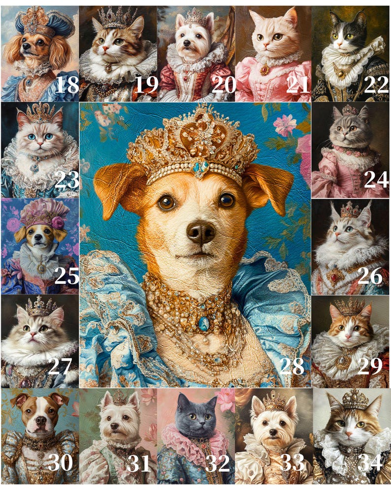 Pu&ograve; includere: Un collage di 34 immagini che mostrano vari animali domestici vestiti con abiti reali. Ogni animale indossa una corona e un abito lussuoso, alcuni tengono scettri o altri accessori reali. Gli animali includono gatti, cani e un coniglio, tutti di razze e colori diversi. Lo sfondo &egrave; un tessuto a motivi con uno schema di colori blu e oro.