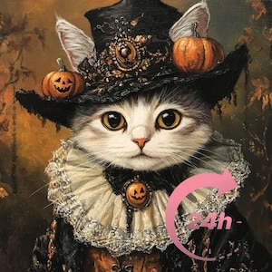 May include: A white cat wearing a black witch's hat with a gold buckle and lace trim. The cat is wearing a white lace collar with a pumpkin-shaped brooch. The cat is holding a small pumpkin in its paw. The background is a dark brown and orange.