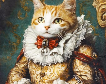 Custom Royal Cat Portrait, Renaissance Cat Portrait from Photo, Pet Portrait gift, Regal Pet with Crown, Wall Art, Pet Memorial Gift