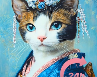 Geisha Cat Portrait from Photo, Japanese Style Pet Portrait, Pet Memorial Gift, Animal Painting, Royal Pet Painting, Samurai Dog, Pet Kimono