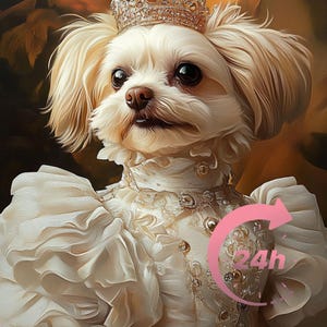 Pu&ograve; includere: Un cane bianco che indossa una corona d'oro e un vestito bianco con ricami dorati. Il cane guarda direttamente lo spettatore.