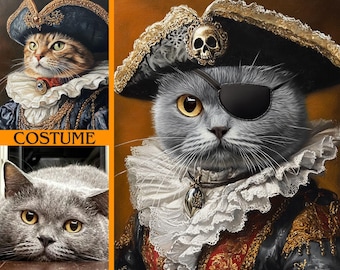 Op de afbeelding: Een grijze kat die een piratenkostuum draagt met een zwart ooglapje, een gouden schedel en gekruiste beenderen en een witte kanten kraag. De kat draagt een rood-gouden jas met een witte kanten kraag. De achtergrond is goud-bruin.