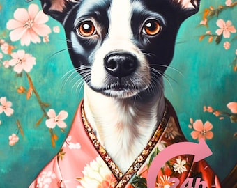 Geisha Cat Portrait from Photo, Japanese Style Pet Portrait, Pet Memorial Gift, Animal Painting, Royal Pet Painting, Samurai Dog, Pet Kimono