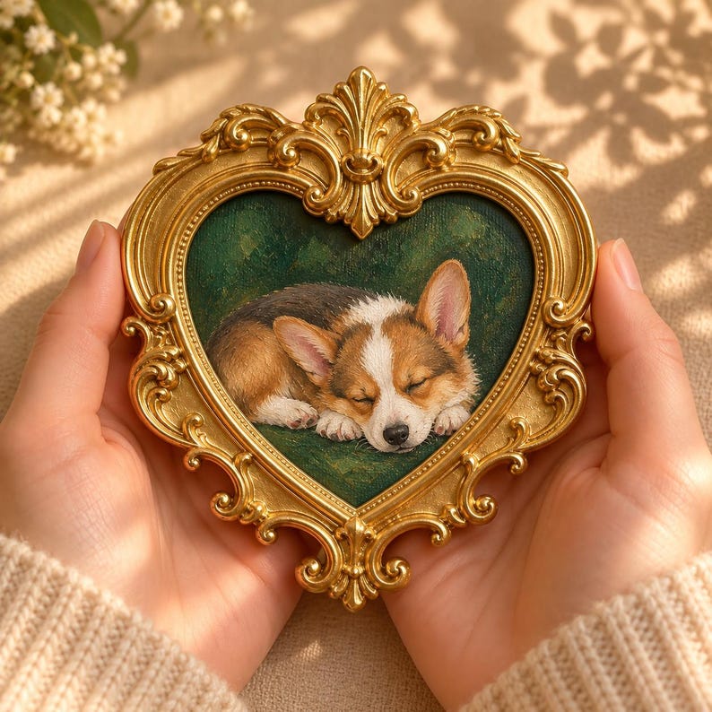 Hand-painted pet portrait in an ornate frame