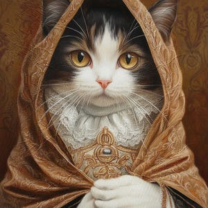 May include: A black, white, and brown cat wearing a brown hooded cloak with gold embroidery. The cat is wearing a white lace collar with a gold and jewel-encrusted pendant.