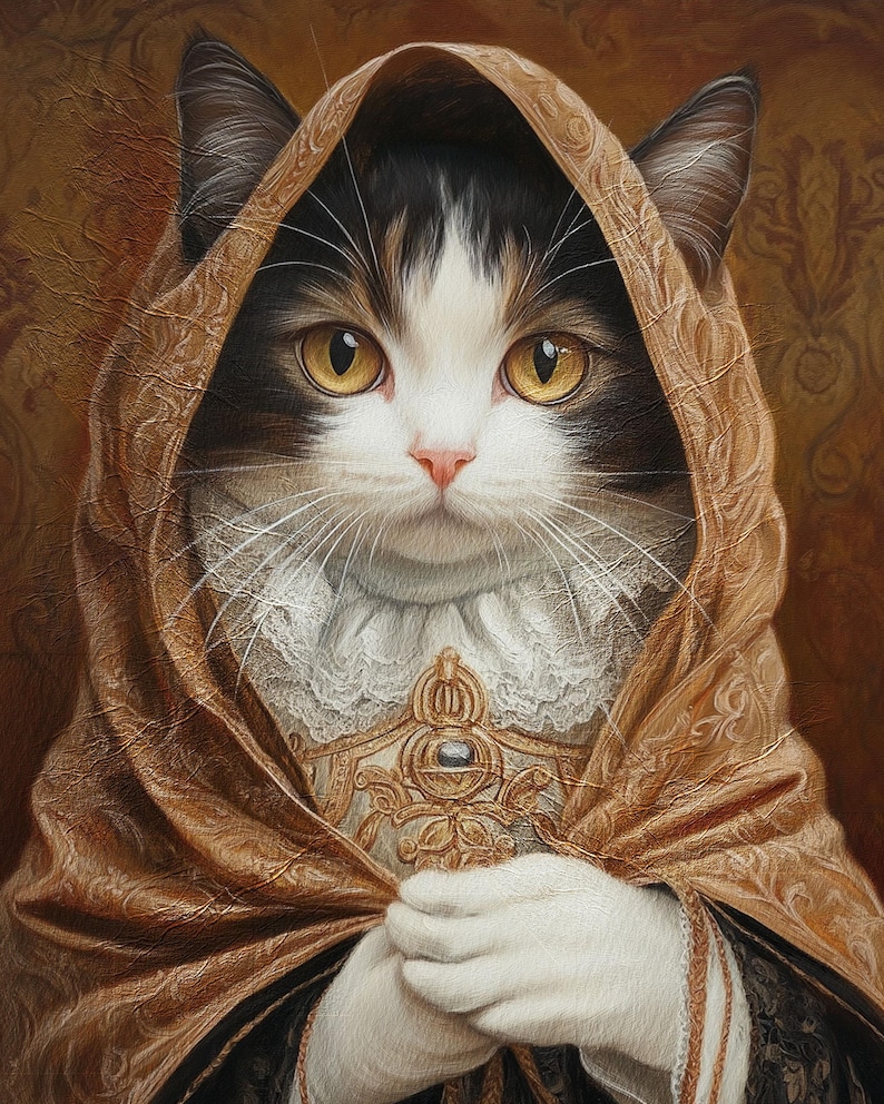 May include: A black, white, and brown cat wearing a brown hooded cloak with gold embroidery. The cat is wearing a white lace collar with a gold and jewel-encrusted pendant.