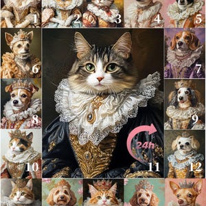 Pu&ograve; includere: Un collage di 17 immagini che mostrano vari animali domestici vestiti con abiti reali. Ogni animale indossa una corona e un abito elegante, alcuni tengono scettri o altri accessori reali. Gli animali includono gatti, cani e un coniglio, tutti di razze e colori diversi. Le immagini sono disposte in una griglia, con ogni immagine numerata.