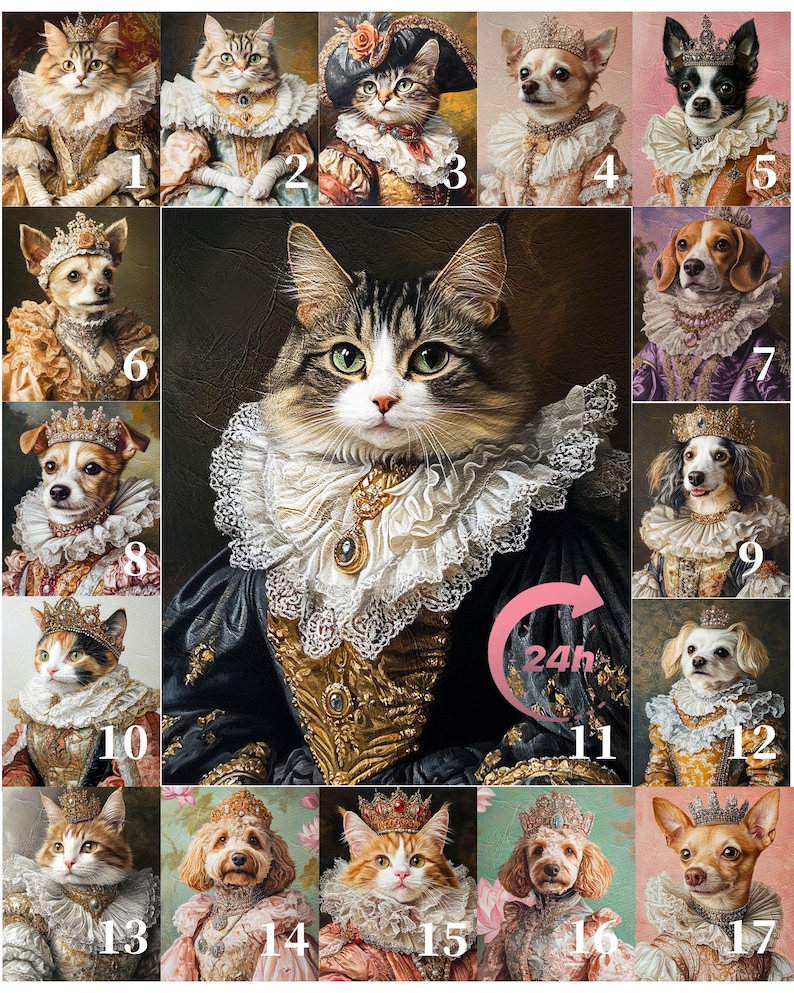 Pu&ograve; includere: Un collage di 17 immagini che mostrano vari animali domestici vestiti con abiti reali. Ogni animale indossa una corona e un abito elegante, alcuni tengono scettri o altri accessori reali. Gli animali includono gatti, cani e un coniglio, tutti di razze e colori diversi. Le immagini sono disposte in una griglia, con ogni immagine numerata.