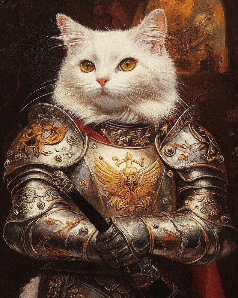 May include: A white cat wearing a silver and gold suit of armor with a golden eagle emblem on the chest. The cat is holding a sword in its right paw.