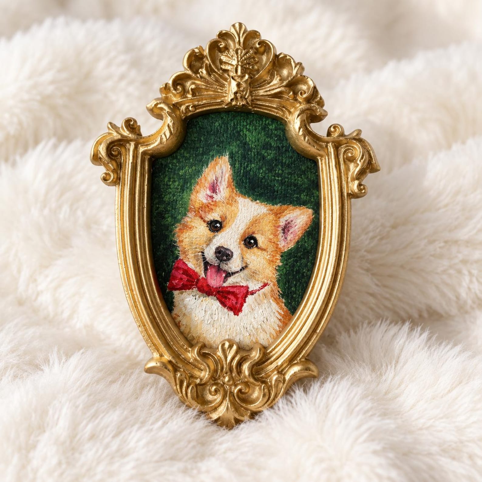 Hand-painted pet portrait in an ornate frame