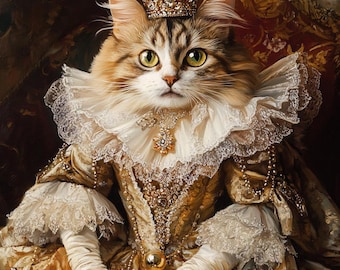 Custom Royal Cat Portrait, Renaissance Cat Portrait from Photo, Pet Portrait gift, Regal Pet with Crown, Wall Art, Pet Memorial Gift
