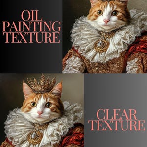 Pu&ograve; includere: Un confronto tra due immagini di un gatto vestito da reale. Il gatto indossa una corona d'oro, un colletto di pizzo bianco e una veste rosso e oro. L'immagine a sinistra ha una texture da dipinto ad olio, mentre l'immagine a destra ha una texture nitida.