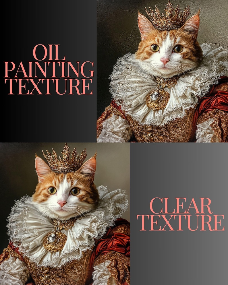 Pu&ograve; includere: Un confronto tra due immagini di un gatto vestito da reale. Il gatto indossa una corona d'oro, un colletto di pizzo bianco e una veste rosso e oro. L'immagine a sinistra ha una texture da dipinto ad olio, mentre l'immagine a destra ha una texture nitida.