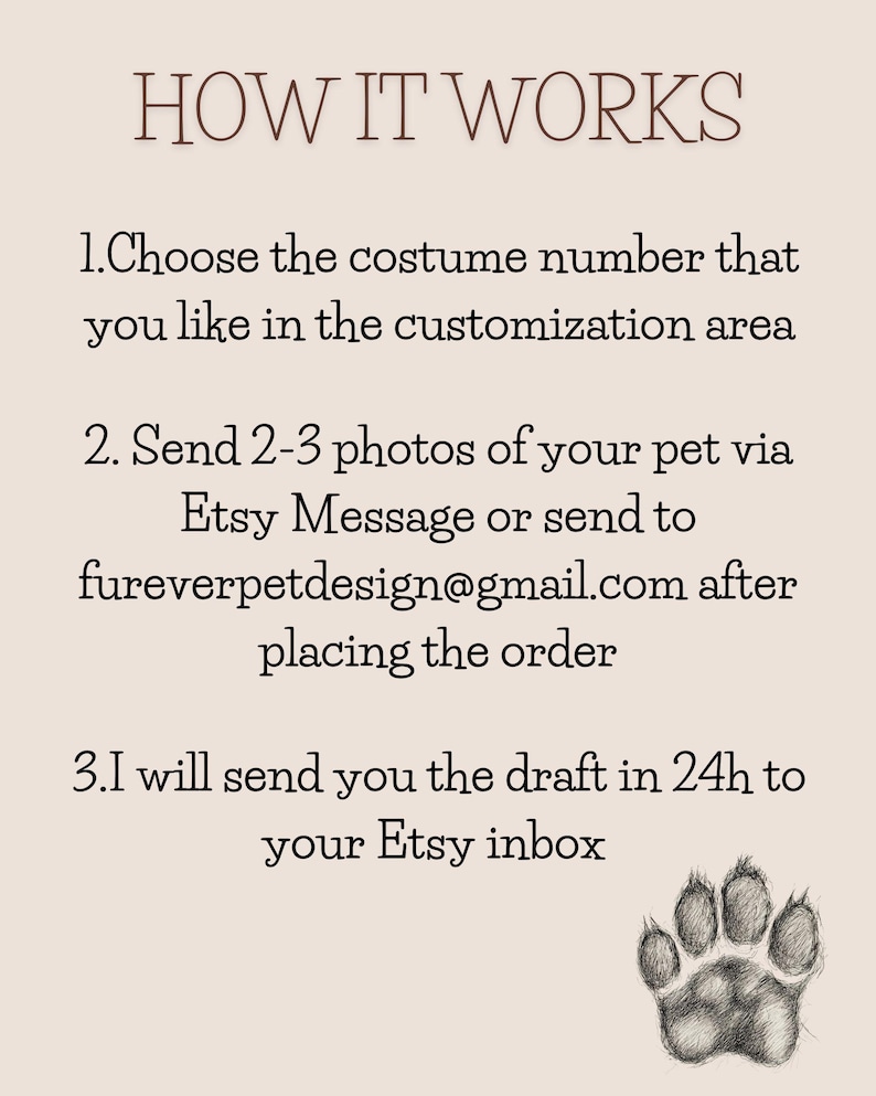 May include: How it works: Choose a costume number, send 2-3 photos of your pet via Etsy message or email, and receive a draft within 24 hours.  A paw print graphic is in the bottom right corner.