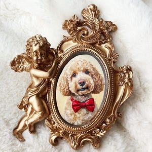 100% handgemachtes Acrylhaustierporträt, Hundeporträt, Katzenporträt, kundenspezifischer goldener Weinleserahmen, Haustier-Denkmal, Mini Kunst, handgemaltes Haustierporträt