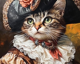 May include: A tabby cat wearing a black tricorn hat with a red rose, a white lace collar, and a red ribbon around its neck. The cat is looking to the right of the image.