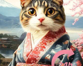 Geisha Cat Portrait from Photo, Japanese Style Pet Portrait, Pet Memorial Gift, Animal Painting, Royal Pet Painting, Samurai Dog, Pet Kimono