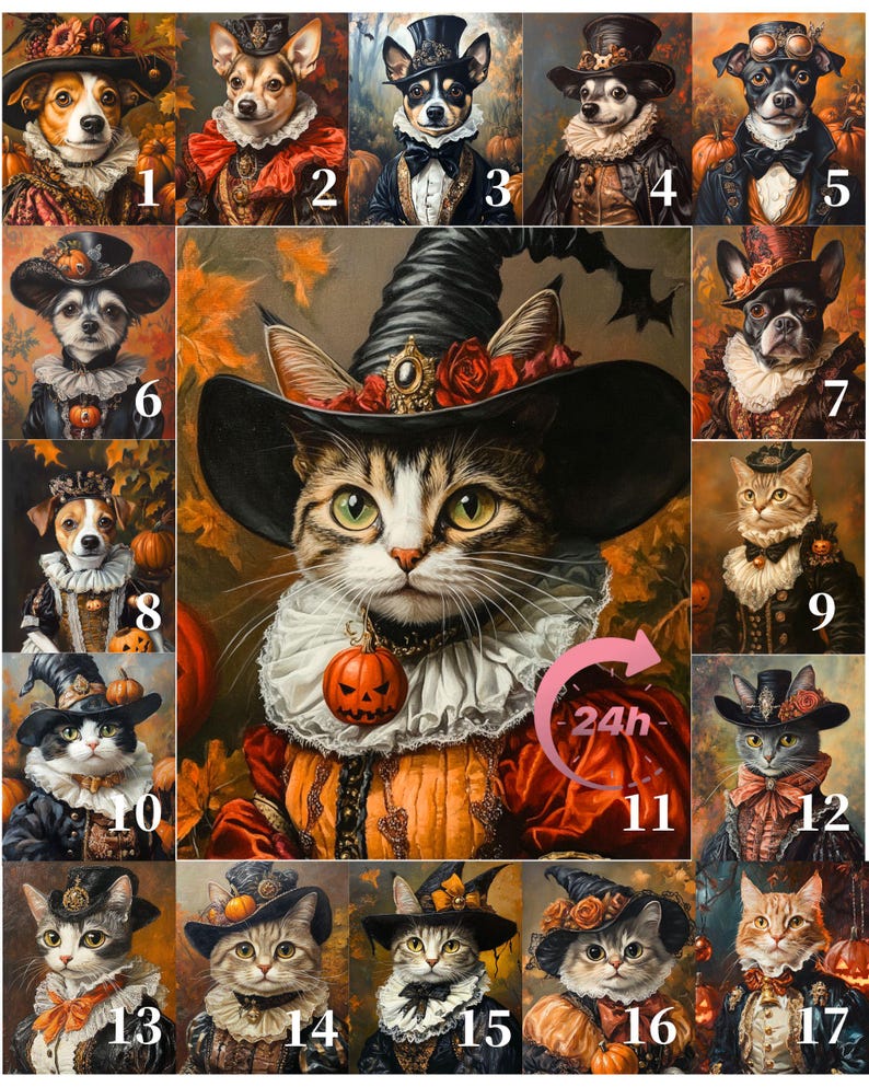 May include: A collage of 17 images featuring cats and dogs dressed in Halloween costumes. The central image shows a cat wearing a witch's hat and a pumpkin necklace. The other images show various animals wearing hats, glasses, and other accessories.