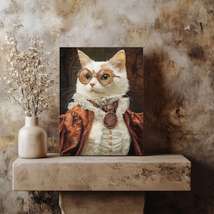 May include: A white cat wearing round glasses and a brown and white jacket with a gold chain and pendant. The cat is looking directly at the viewer.