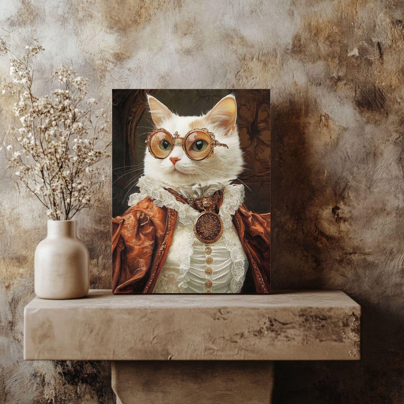 May include: A white cat wearing round glasses and a brown and white jacket with a gold chain and pendant. The cat is looking directly at the viewer.